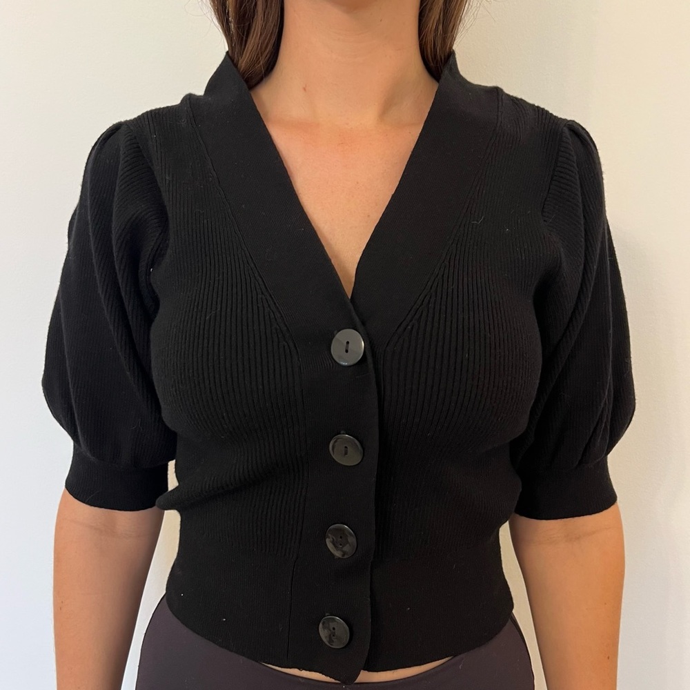 Zara Black V-Neck Button Front Short Sleeve Cardigan